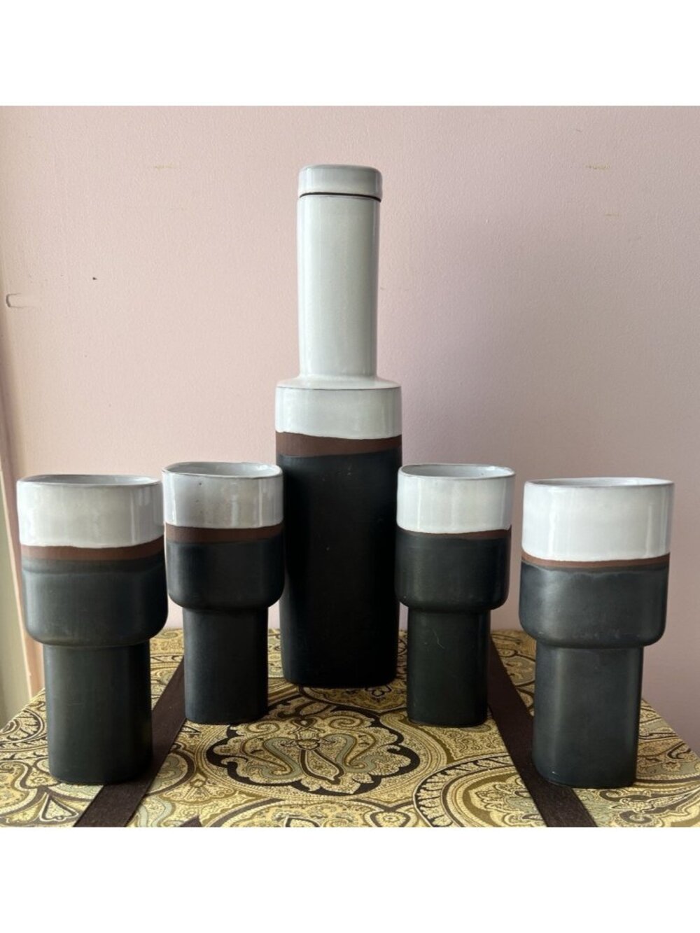 MAURICE SAVOIE 5 Piece MCM Earthenware Pottery Pitcher & 4 glasses Brown White